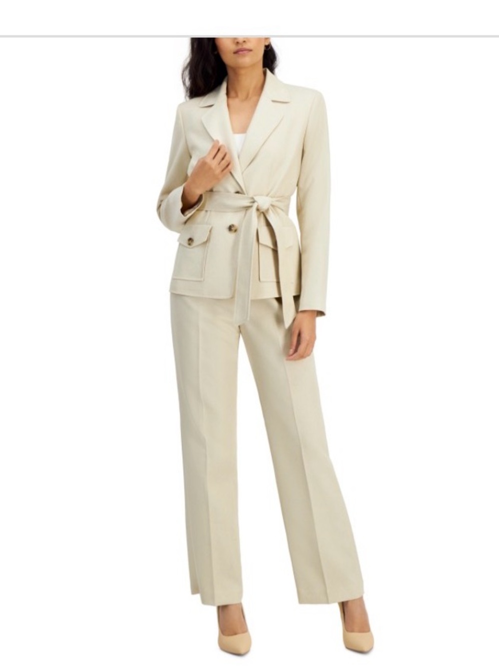 Le Suit Women's Belted Safari Jacket and Kate Pants Set, Regular